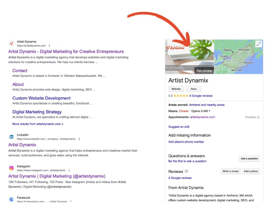 A screenshot of a Google search engine results page showing the Artist Dynamix Google Business Profile on the right.